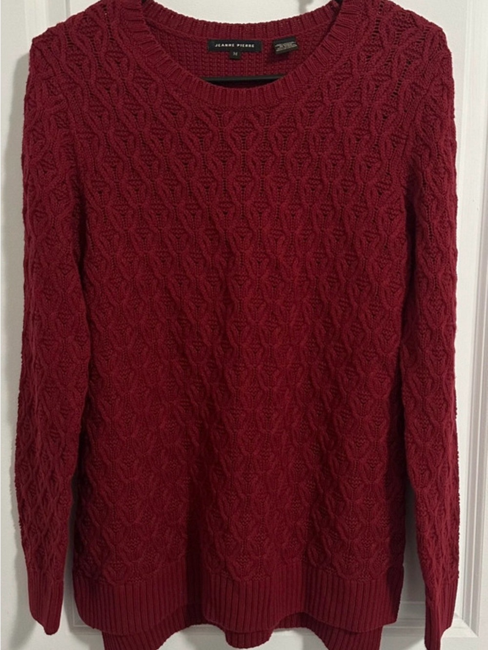 JEANNE PIERRE Burgundy Cable-Sleeve Crewneck Sweater